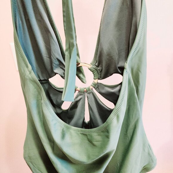 Boho Floral Cutout Ring Detail Halter 1pc Full Coverage Swimsuit|Green Sz. L - Picture 7 of 7